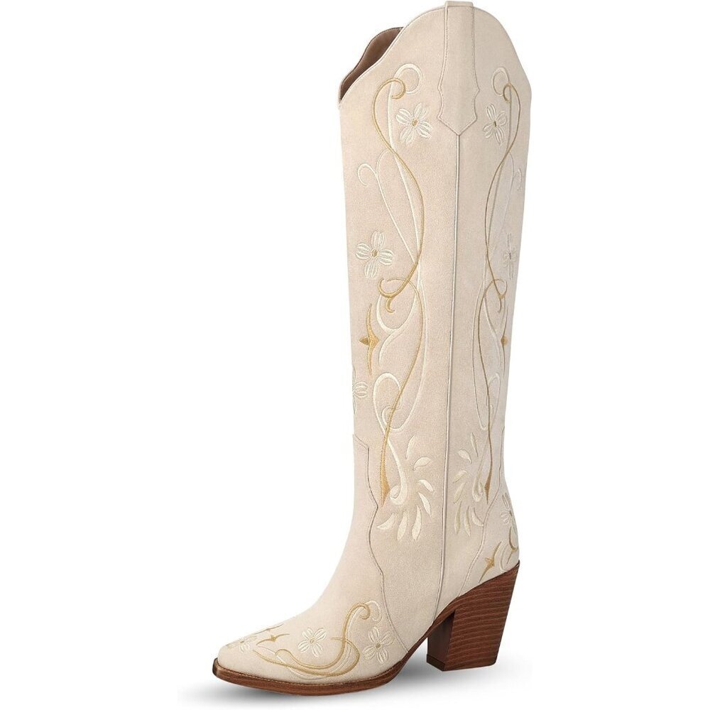 Women's Beige Knee High Cowgirl Pointed Toe Chunky Heel Embroidery Boots